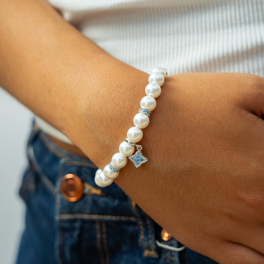 Silver Flower Pearl Bracelet - Blue Stones