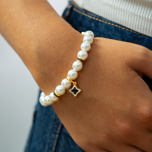 Gold Flower Pearl Bracelet - Black Stones