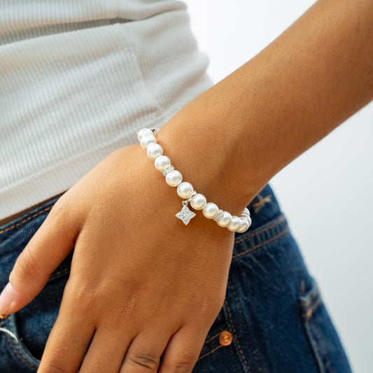 Silver Flower Pearl Bracelet - White Stones