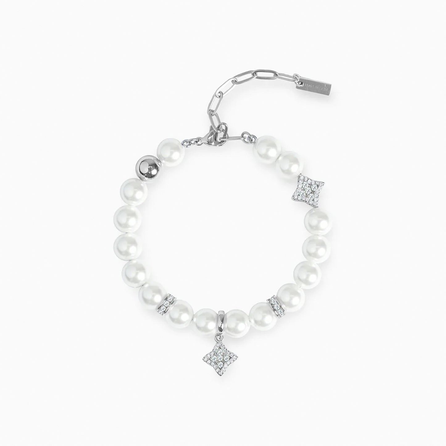 Silver Flower Pearl Bracelet - White Stones