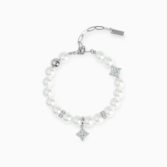 Silver Flower Pearl Bracelet - White Stones