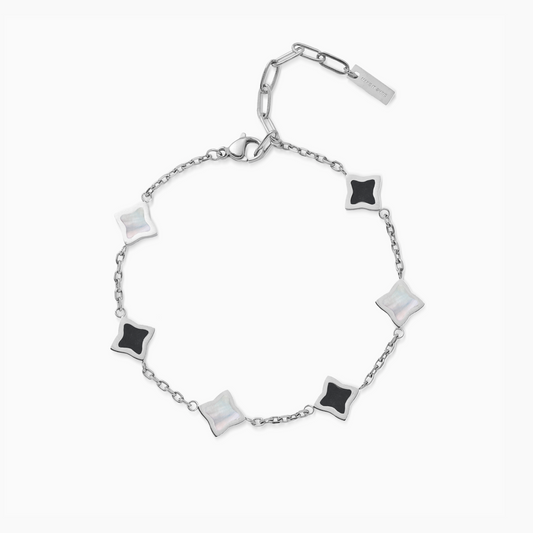 Bracelet Flower câble Argenté - Motif Blanc & Noir