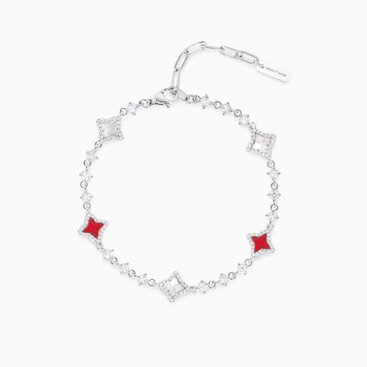 Silver Flower Tennis Bracelet - White & Red