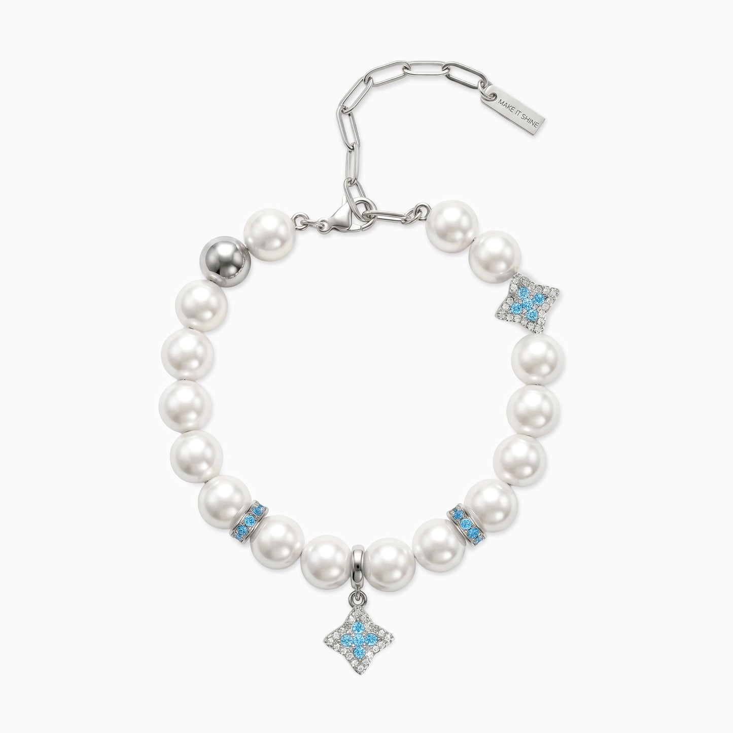 Silver Flower Pearl Bracelet - Blue Stones