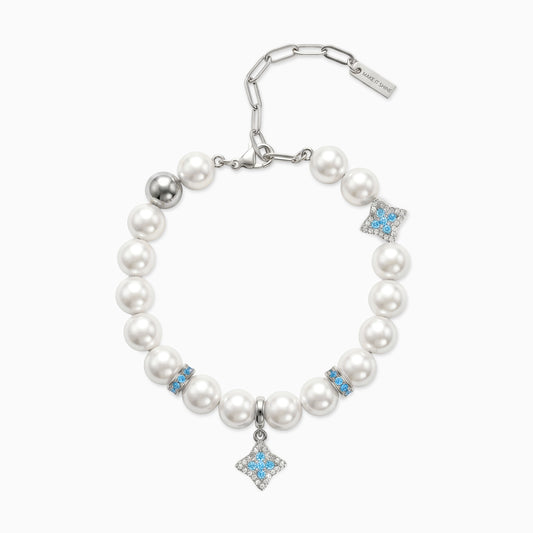 Silver Flower Pearl Bracelet - Blue Stones