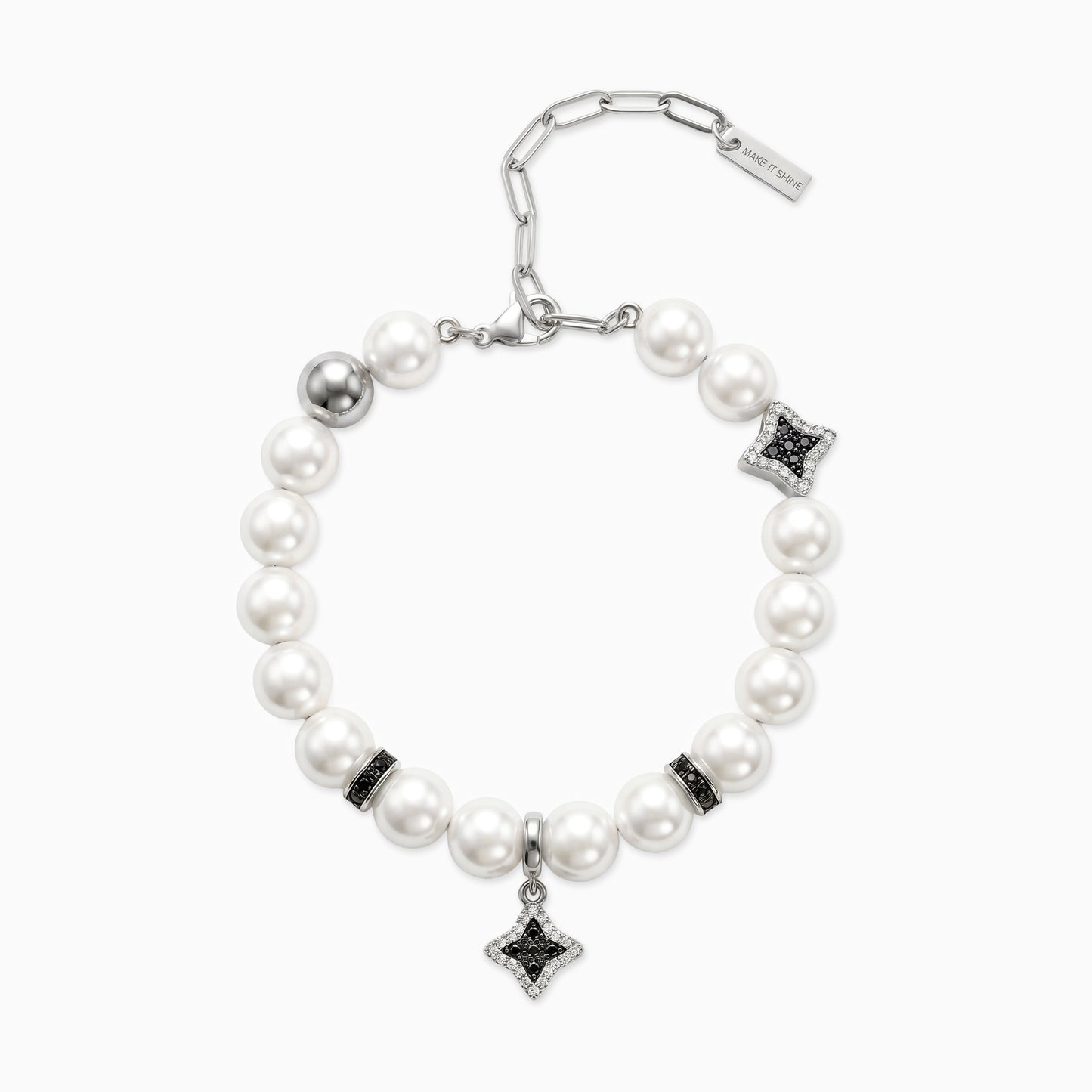 Silver Flower Pearl Bracelet - Black Stones