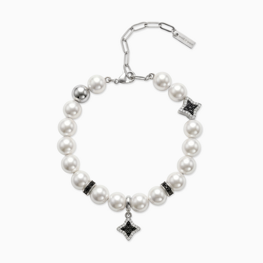 Bracelet Flower Pearl Argenté - Pierres Noires