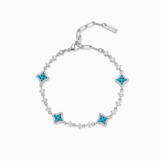 Silver Flower Tennis Bracelet - Blue Stones