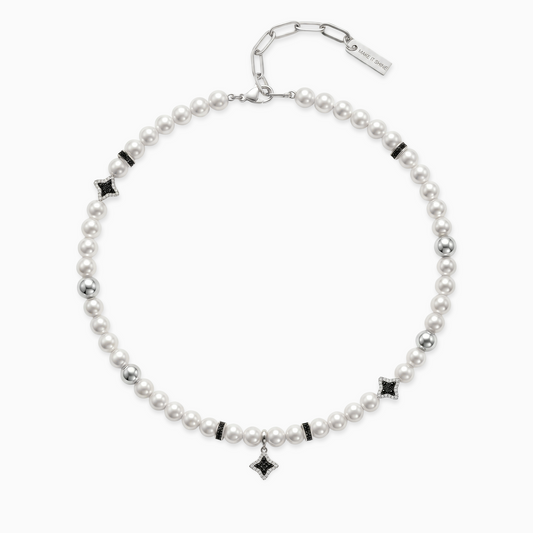 Chaîne Flower Pearl Argentée - Pierres Noires