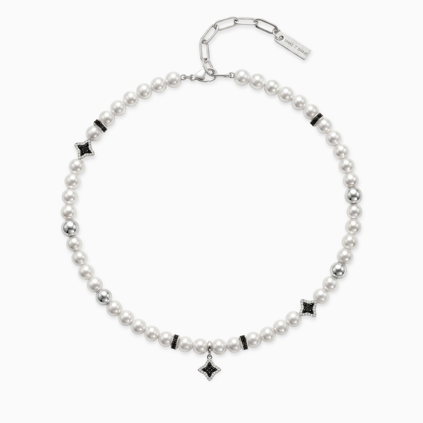 Silver Flower Pearl Chain - Black Stones