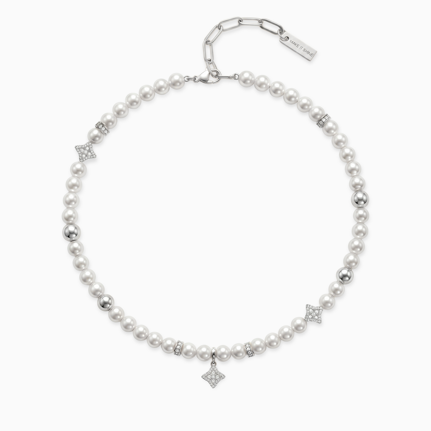 Silver Flower Pearl Chain - White Stones