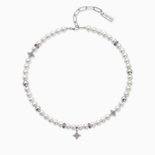 Chaîne Flower Pearl Argentée - Pierres Violettes