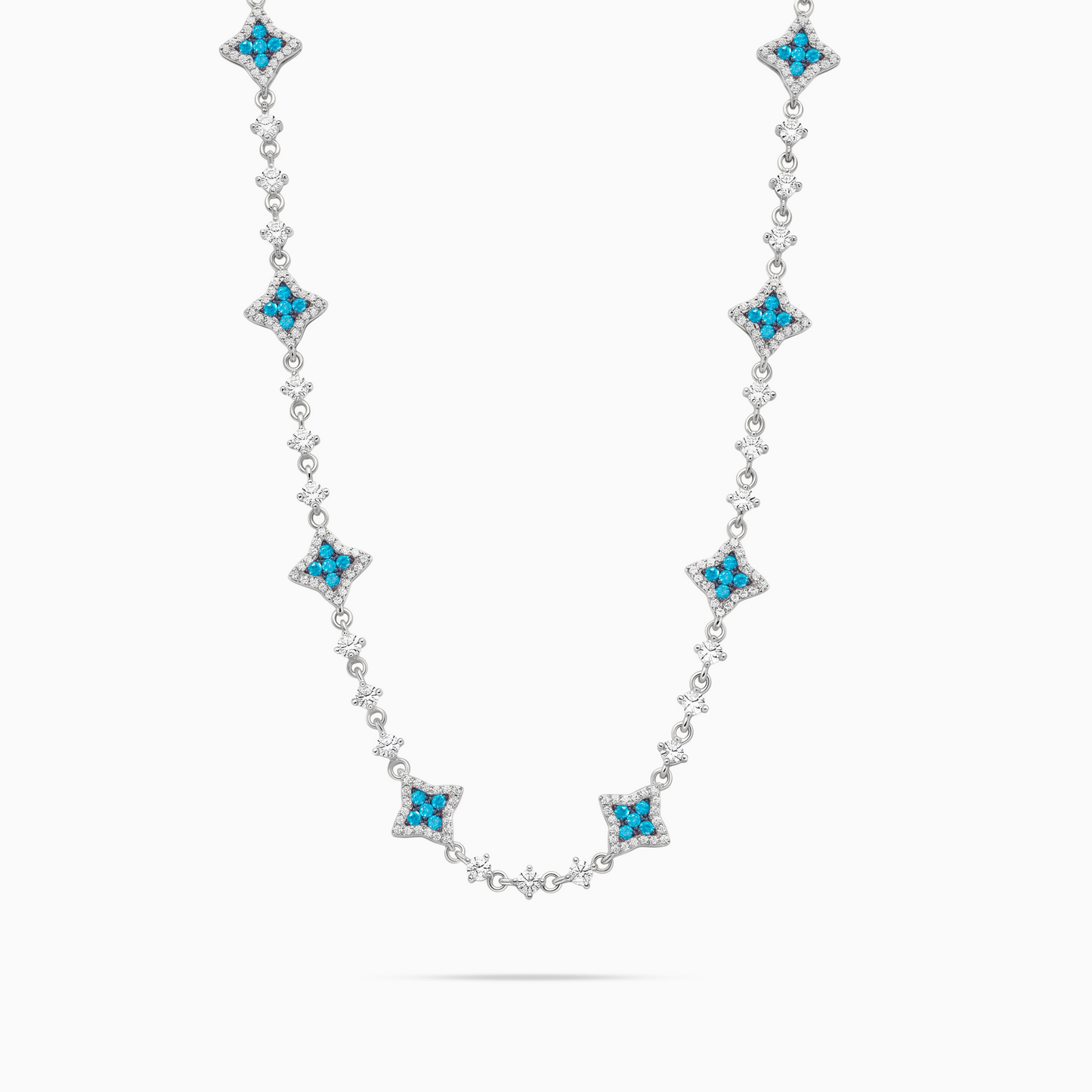 Silver Flower Tennis Chain - Blue Stones