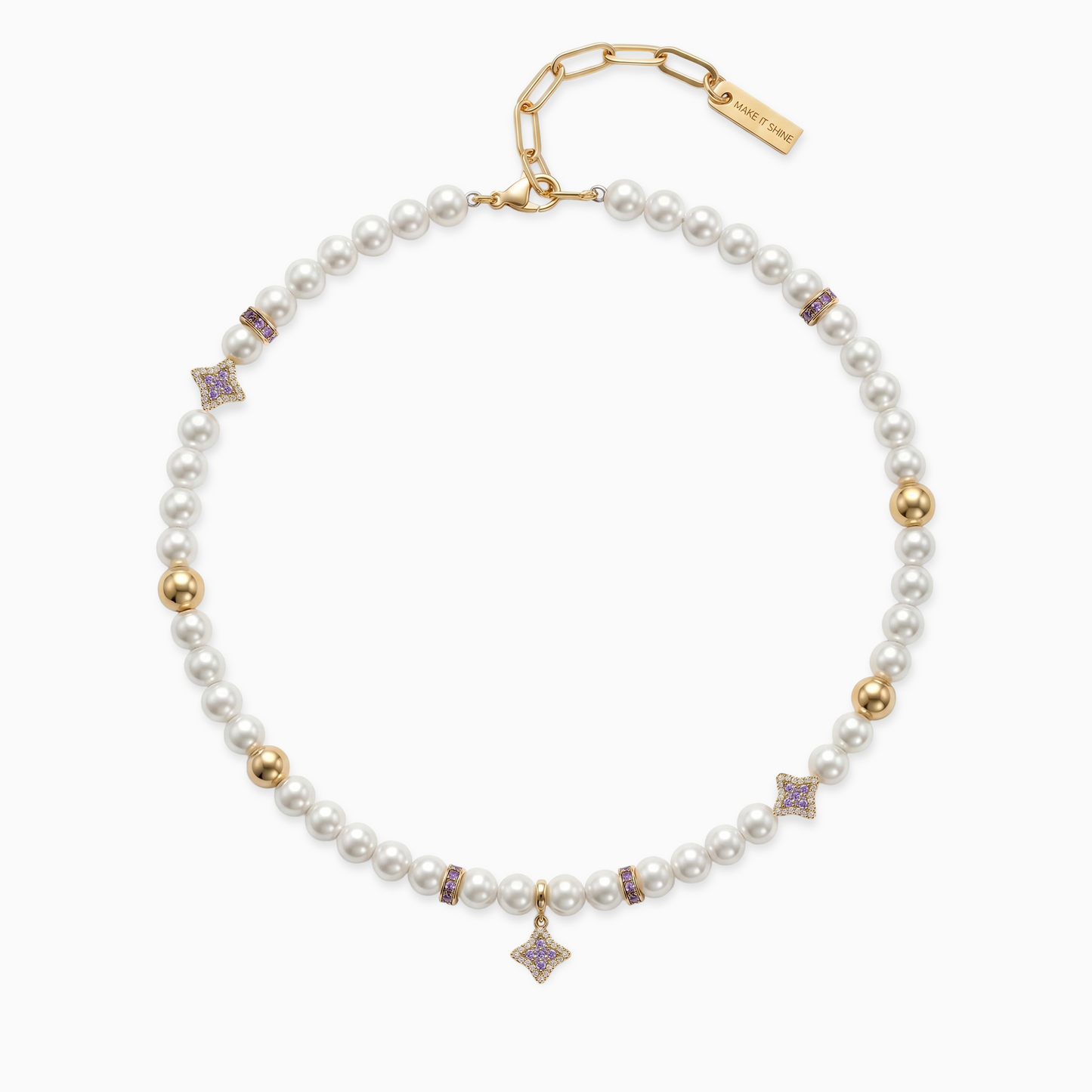 Gold Flower Pearl Chain - Purple Stones