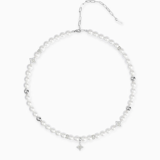 Silver Flower Pearl Chain - White Stones