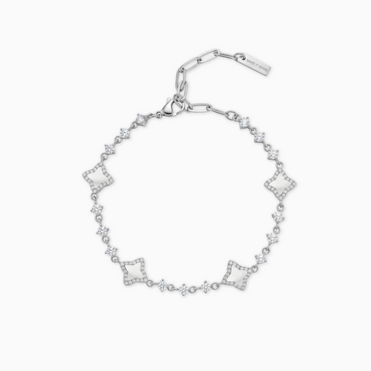 Silver Flower Tennis Bracelet - White