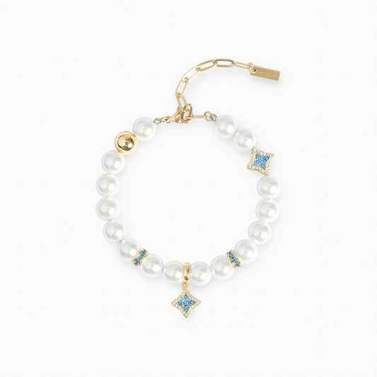 Gold Flower Pearl Bracelet - Blue Stones