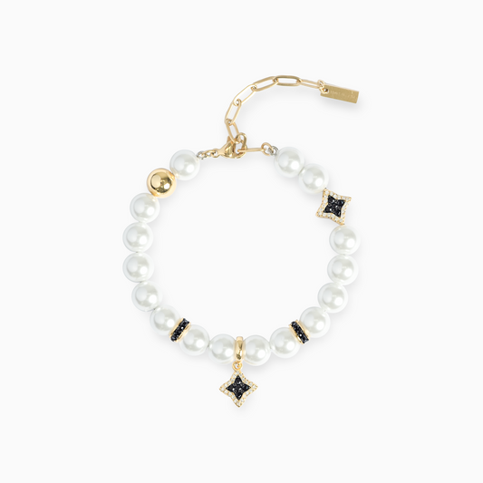 Gold Flower Pearl Bracelet - Black Stones