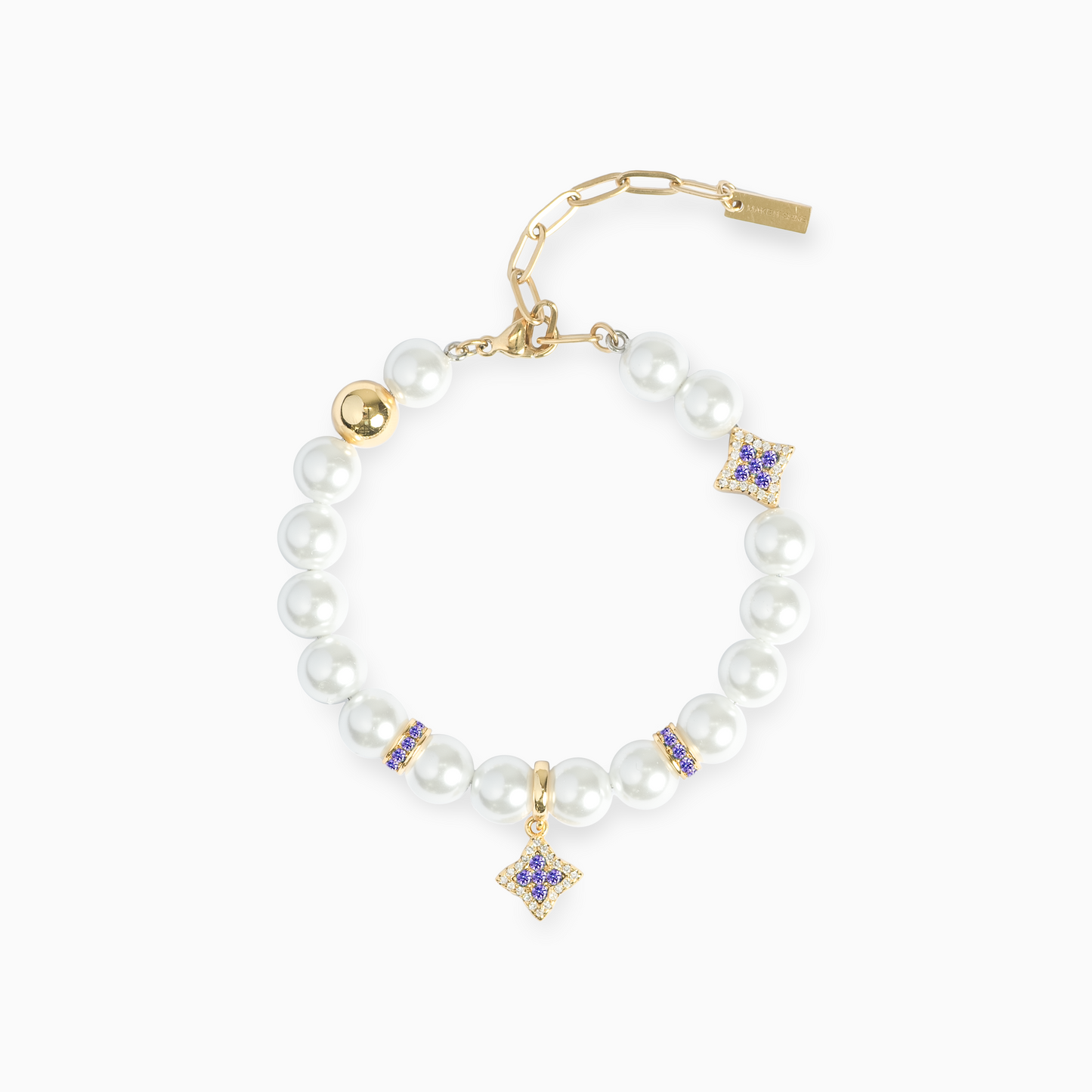 Gold Flower Pearl Bracelet - Purple Stones