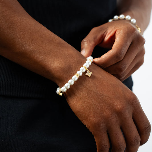 Gold Flower Pearl Bracelet - White Stones