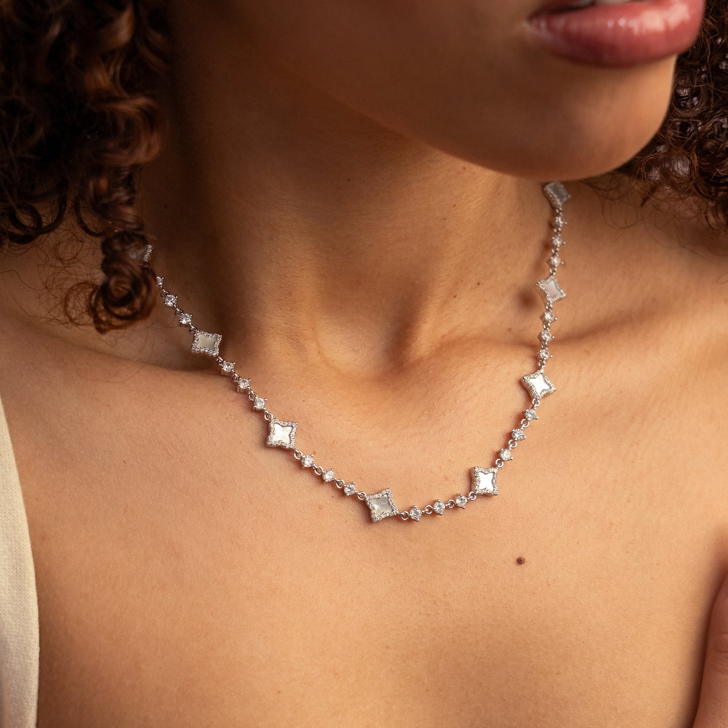 Silver Flower Tennis Chain - White