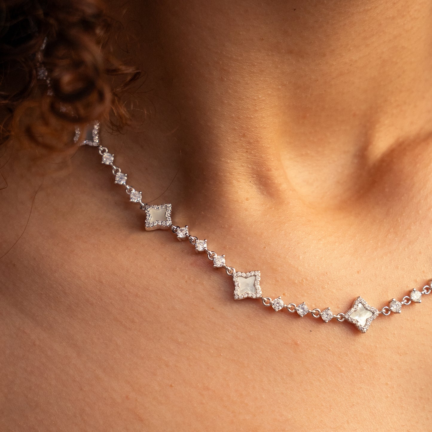 Silver Flower Tennis Chain - White