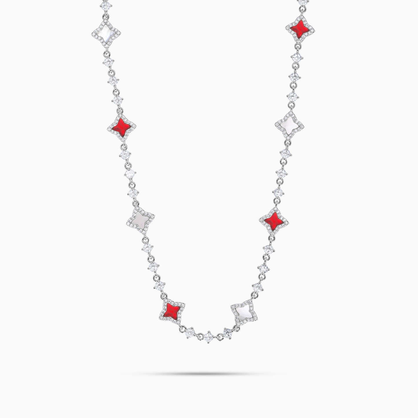 Silver Flower Tennis Chain - White & Red